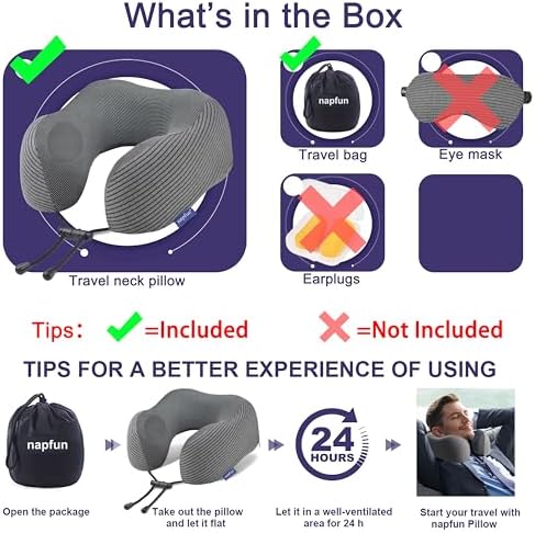 napfun Neck Pillow for Travel, Memory Foam Airplane Pillow, Dark Gray