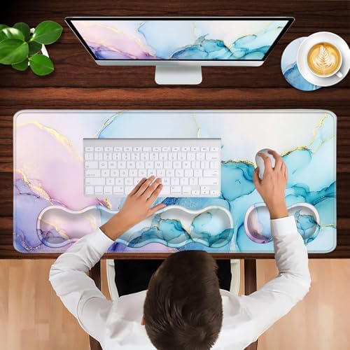Keyboard Wrist Rest and Mouse Pad with Wrist Support Set Ergonomic Coaster,Memory Foam,Easy Typing Pain Relief,Large XL Desk Mat 31.5"x 11.8",Cyan Blue Marble