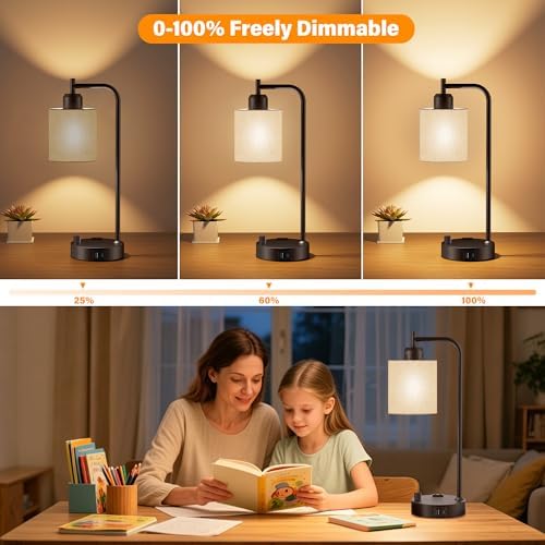 SIBRILLE Industrial Table Lamps with Linen Shade, Set of 2 Fully Dimmable Bedside Lamps with USB A+C Ports and Outlet, Brown Nightstand Desk Lamps for Bedrooms Living Room Office, 2 LED Bulbs Included