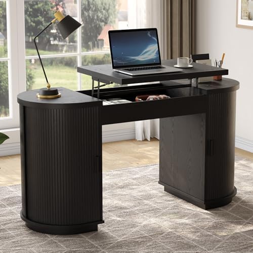 ONBRILL 59 Inches Office Desk with Lift Top, Fluted Executive Desk Black