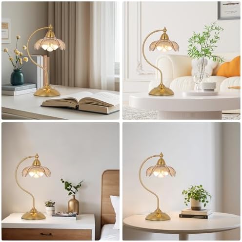 Table Lamps for Living Room, Flower Desk Lamp, Glass Beside Lamp for Nightstand, Gooseneck Small Table Lamp, Mid Century Modern Desk Light, Table Light for Bedroom Home Office Reading (Amber)