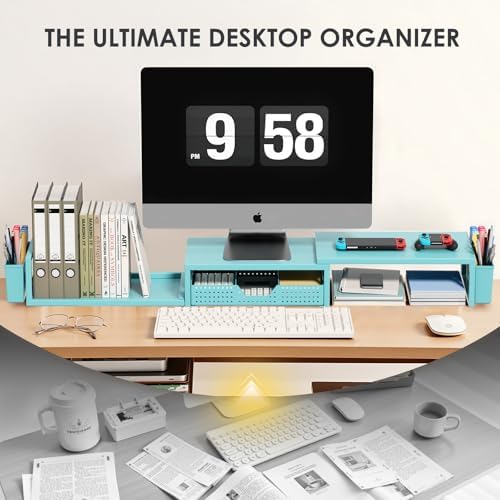 Desk Organizers and Accessories, Dual Monitor Stand Riser with Drawer and 2 Pen Holders, Desk Shelf Printer Stand for Office Workspace Organizers, Desktop Organization (Blue)