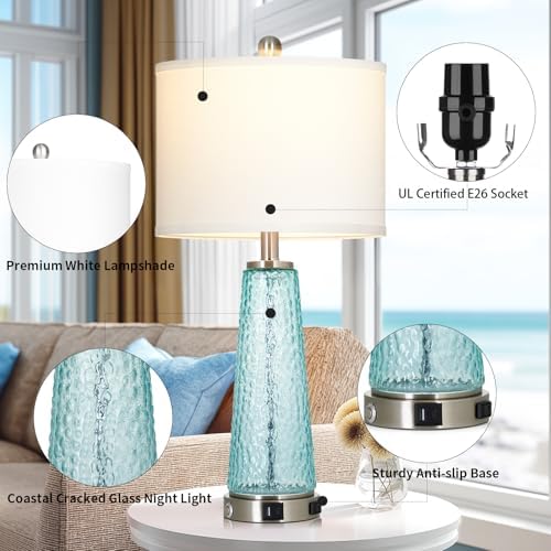 26" Coastal Table Lamps for Living Room, Glass Bedside Lamps with USB A+C Ports & Outlet, Nautical Cracked Glass Nightstand Lamp with Night Light for Bedroom End Table Blue Teal Turquoise Beach Ocean