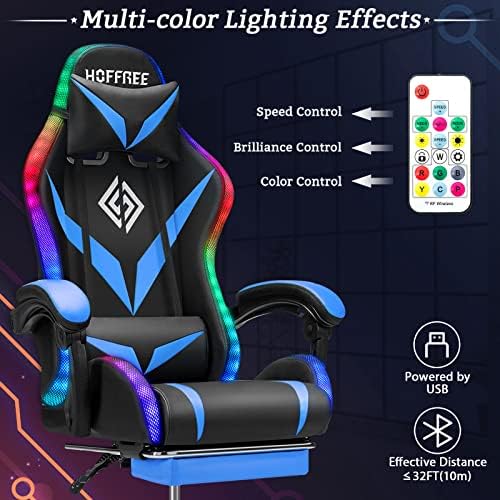 Gaming Chair with Bluetooth Speakers RGB LED Lights Computer Chair-Blue