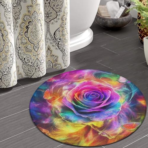 Room Sofa Yoga Soft Round Carpet, Home Decor Non Slip Kitchen Office Circle Rug, Machine Washable Modern Round Area Rug Trippy Tie Dye Rose Colorful Art, 24inch