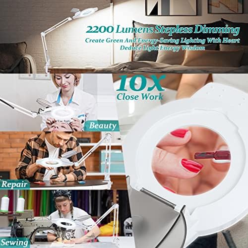 10X & 2200 Lumens Magnifying Glass with Light and Clamp, White