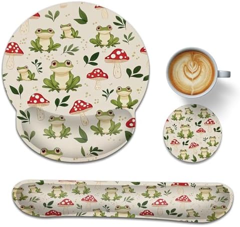 Ergonomic Memory Foam Wrist Rest Set for Keyboard and Mouse,Cute Frog Mushroom Supportive Mouse Pad with Non Slip Base for Office Work and Gaming