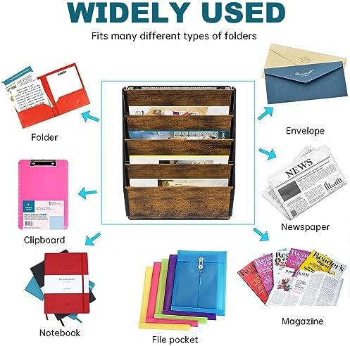 PAG-Mass Wall File Organizer for Office, 5-Tier Rustic Hanging File holder Wall Storage Rack for Documents/Magazine/Literature/File Folders/Mails/Envelopes, Brown