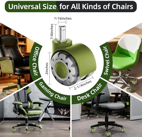 2 Inch Office Chair Wheels, 7/16" Universal Stem, Green, 5 Pack