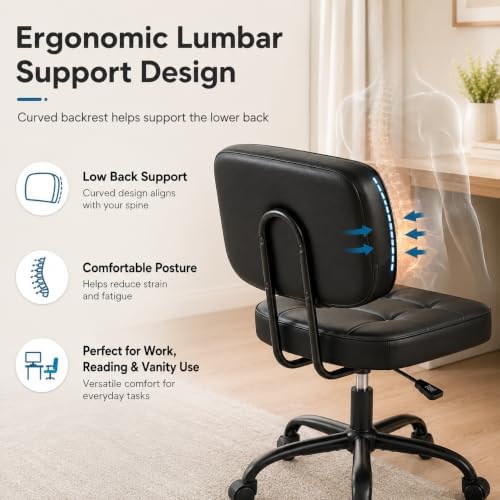 Armless Drafting Chair, Ergonomic PU Leather Home Office Computer Task Chair with Lumbar Support, Height Adjustable Swivel Rolling Chair for Small Spaces, Vanity, Bedroom, Study, Living Room, Black