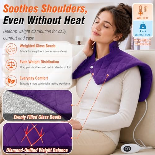 Purple Shoulder Heating Pad for Neck and Shoulders and Back, Thanksgiving Gifts for Women, Birthday Gifts for Mom Her, Weighted Heating Pad for Neck with 9 Heat Options 4 Auto-Off Timer