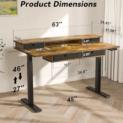 FiCiHi 63x30Inch Standing Desk with Drawers,Electric Height Adjustable Desk