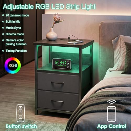Fixwal Black Nightstands Set of 2, Led Night Stand with Charging Staion