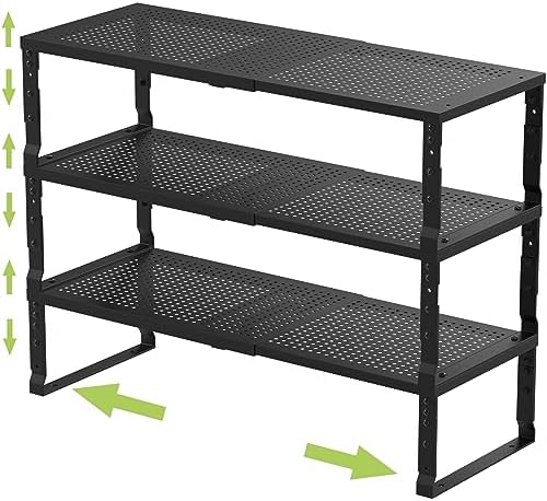 Jojocross Expandable Adjustable Stackable Kitchen Organizer, Spice Rack,Metal Pantry Storage Shelves Racks,Counter Shelf for Cabinets, Countertop, Cupboard (3 Packs/Medium/Black)