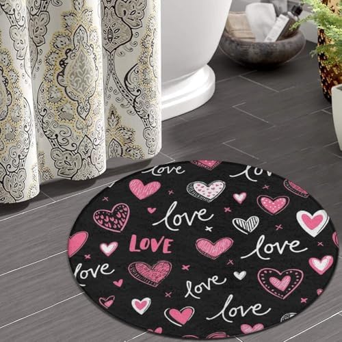 Large Machine Washable Circular Rugs, Home Decor Round Mat for Living Room Sofa Office Pink Heart Cute Love