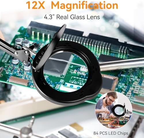 12XMagnifying Glass with Light and Stand|Magnifying Lamp with 3-Section Swing Arm,5 Color Modes LED Lighted Magnifier Lamp for Workbench (Black Ultra Long)
