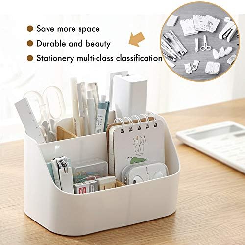 Desk Organizer with 5 Compartments, Office Supplies Organizers and Accessories, Makeup Brush Holder, Pen/Pencil Holder, Remote Control Holder with Movable Wooden Partition