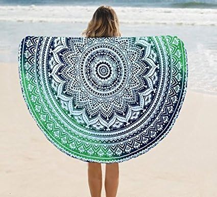 raajsee Green Ombre Round Beach Tapestry Hippie/Boho Beach Blanket Roundie/Indian Cotton Throw Bohemian Round Table Cloth/Yoga Mat Meditation Picnic Rugs 69 inch Circle