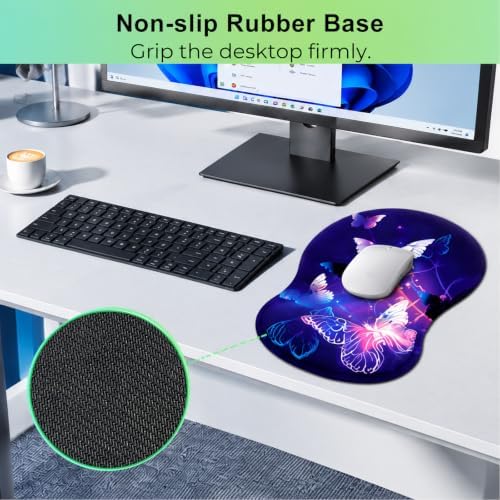 Mouse Pad with Wrist Rest Ergonomic Memory Foam Support, Non-Slip Rubber Base, Comfortable Typing Cushion for Home Office Computer Laptop, Butterfly