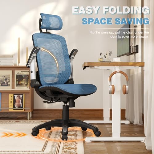 GABRYLLY Ergonomic Office Chair, High Back Home Desk Chair with 2D Flip-Up Arms, 3D Headrest, 90-120° Tilt and Wide Cushion, Big and Tall Mesh Chairs for Man Woman, Blue Computer Task Chair