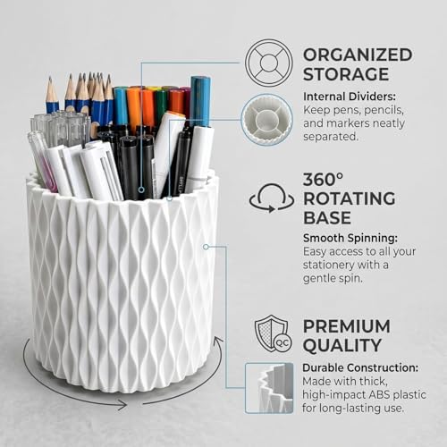 Lebenrich Rotating Pen Holder for Desk, 5 Slots Easthetic Pencil holder Desk Organizer Supplies and Accessories for Women Girls, Pencil Cup for Office Home Art Supply, White