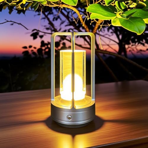 Portable Metal Table Lamp, 4000 mAh Rechargeable Outdoor Table Lights, 3 Color Stepless Dimmable Cordless Table lamp for Patio, Camping, Coffee Samll Desk Lamp for Indoor/Outdoor (Silver)