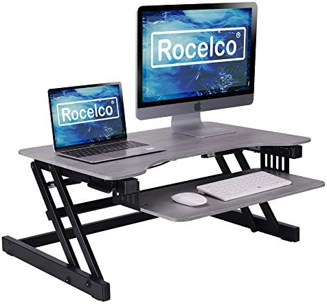 Rocelco 32" Height Adjustable Standing Desk Converter - Quick Sit Stand Up Dual Monitor Riser - Gas Spring Assist Tabletop Computer Workstation - Large Retractable Keyboard Tray - Grey (R ADRG)