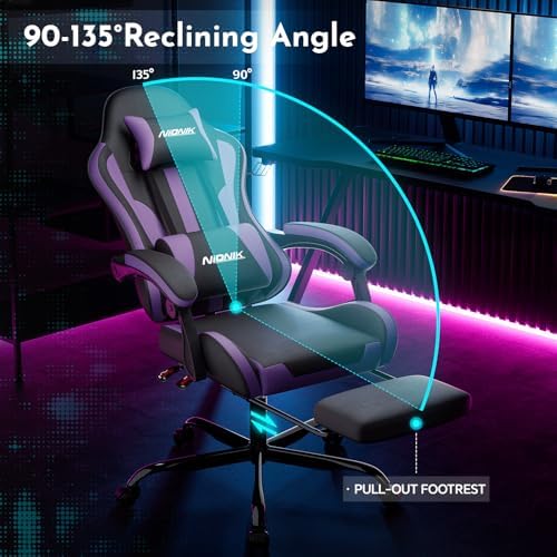 Gaming Chair, Ergonomic Computer Chair with Footrest and Lumbar Support, Height Adjustable Game Chair with 360°-Swivel Seat and Headrest and for Office or Gaming BLACKPURPLE