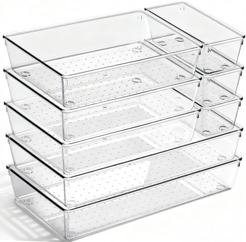 8 Pack Large Clear Plastic Drawer Organizer Trays, 3 Sizes, Non-Slip