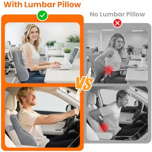 CloudBliss XL Lumbar Support Pillow, Memory Foam for Office, Light Gray