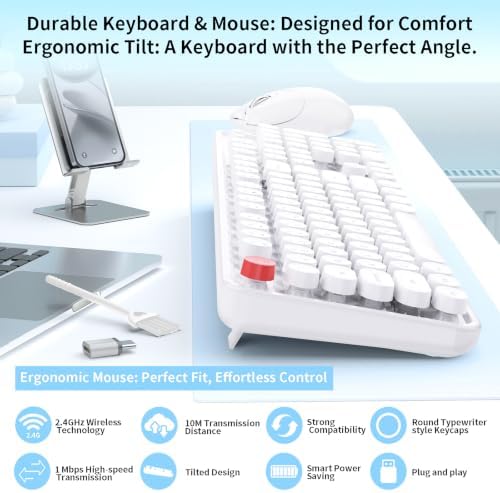Wireless Keyboard Mouse, MOFII 104 Keys Cute Retro Typewriter White