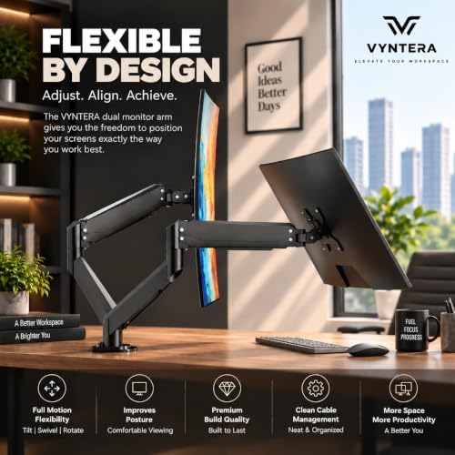 Dual Monitor Arm Stand – Adjustable Gas Spring Desk Mount for 2 Computer Screens, Full Motion Monitor Stand with Dual Clamp Base, Landscape & Portrait Rotation, Tilt & Swivel, Cable Management