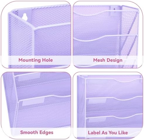 8 Pockets Mesh Wall File Holder Organizer Office Hanging File Folder Magazine Rack, Nametag Label Hooks Set Included (Purple)