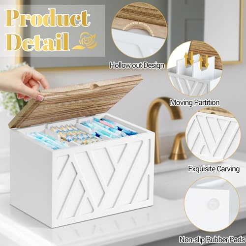 Jorkol Tampon Holder for Bathroom Decor, Feminine Product Organizer with Lid, Shark Week Tampon Storage, Wood Pad and Tampon Organizer for Toilet Organizer, Bathroom Accessories Box for Girl Stuff