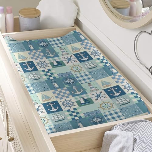 Ocean Boats Sea Lighthouse Checkered Patchwork Baby Changing Pad Cover, Unisex Sailor Nursery Diaper Changing Table Pad Mat Sheet for Boys Girls-16x32