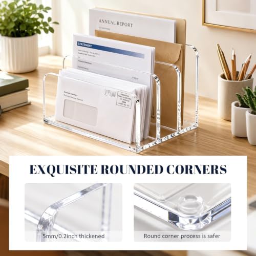 Clear Acrylic Mail Organizer for Desk, 3-Compartment Vertical Letter Sorter and Desktop File Holder for Bills, Envelopes, Documents, Folders, Notebooks, Home Office Countertop