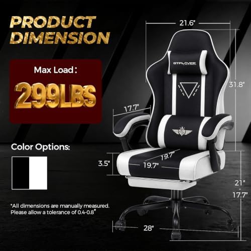 GTPLAYER Video Gaming Chair Fabric, Ergonomic Computer Chair with Footrest and Pocket Spring Cushion, Height Adjustable Video Gamer Chair with Lumbar Support for Adults, White