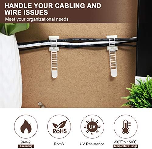 50Pcs Adhesive Cable Management Clips with 50Pcs Zip Ties, Adjustable Nylon Cable Strap Ties Wire Clips Clamps Organizer, Extra Screw & Hole - 3.35 Inch White