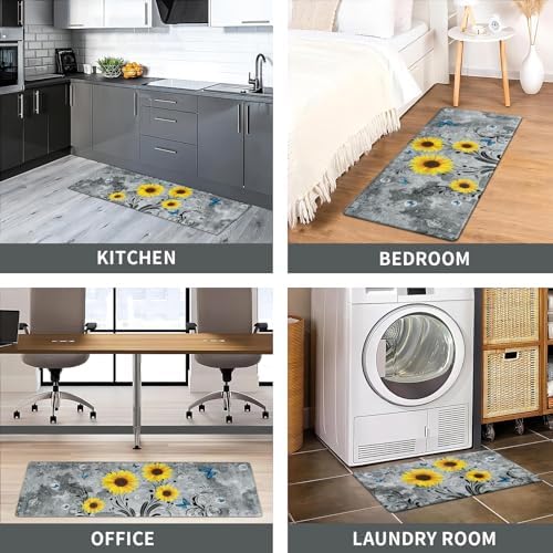 Likiyol Sunflower Kitchen Rugs Sets of 2 Kitchen Mats for Floor Anti Fatigue Mats for Kitchen Floor, Spring Kitchen Rugs Non Slip was Washable, Floral Standing Floor Mats, 18''x30''+18''x48'' (Gray)