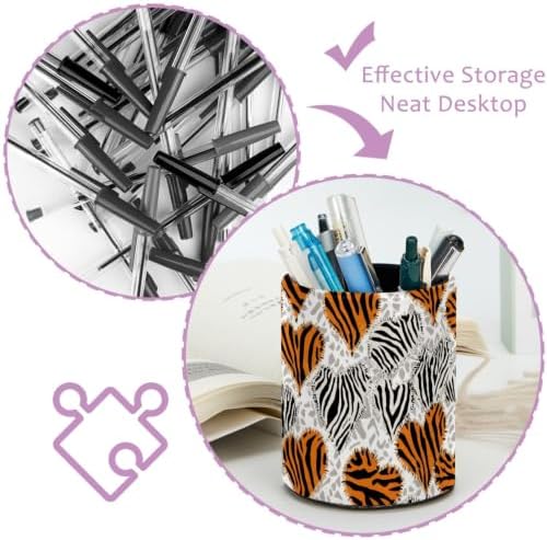 Leather Pen Holder for Desk, Tiger Zebra Print Pencil Cup Pen Organizer Makeup Brush Holder for Office Home Kids Countertop Desk Accessory Storage