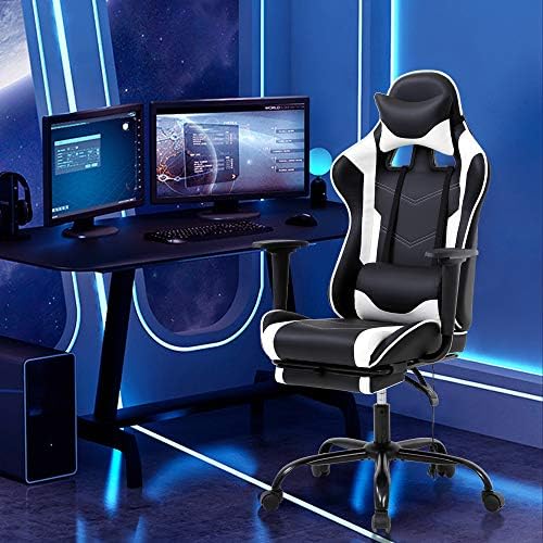 PC Gaming Chair High Back Executive Office Chair Pu Leather Computer Chair Racing Lumbar Support Slide-Out Footrest Adjustable Swivel Video Game Chair,White…