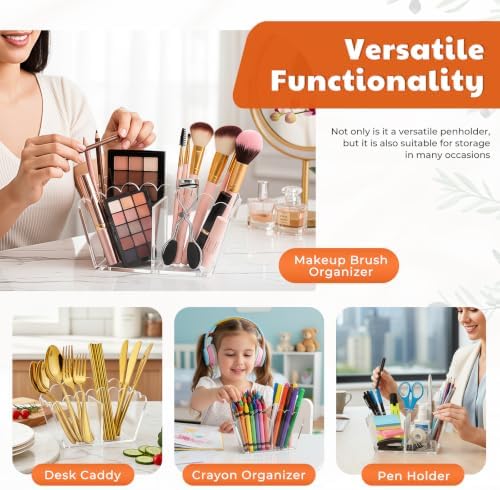 Clear Acrylic Pen Holder,2-Compartment Scalloped Desk Caddy