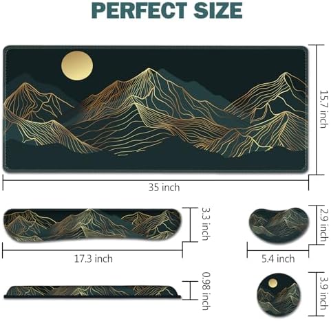 AIMSA Keyboard Mouse Pad Wrist Rest Set, Extended Desk Mat+ Ergonomic Mouse Pad with Wrist Rest+ Keyboard Wrist Support+ Coaster, 35x15.7in Large Desk Pad, Abstract Gold Sun Mountain