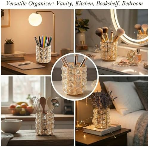 YAGELI Crystal Pen Holder for Desk, 3.58" Gold/Silver Pencil Cup