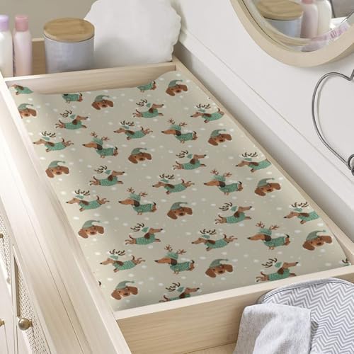 Cute Cartoon Christmas Winter Holiday Dachshund Dog Pattern Baby Changing Pad Cover, Unisex Dogs Nursery Diaper Changing Table Pad Mat Sheet for Boys Girls-16x32