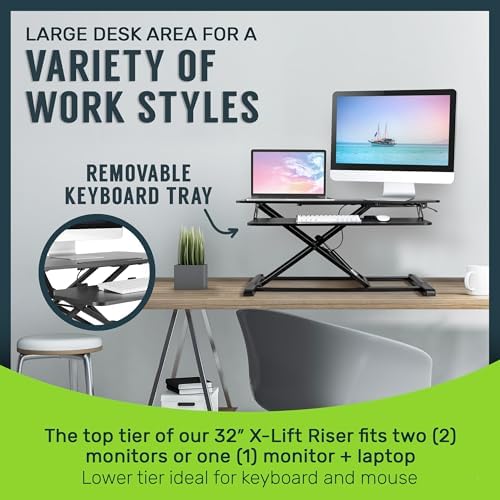 TechOrbits Standing Desk Converter - 32 Inch Adjustable Sit to Stand Up Workstation, Particle Board, Dual Monitor Desktop Riser with Keyboard Tray, for Home Office Laptop, Black 32"