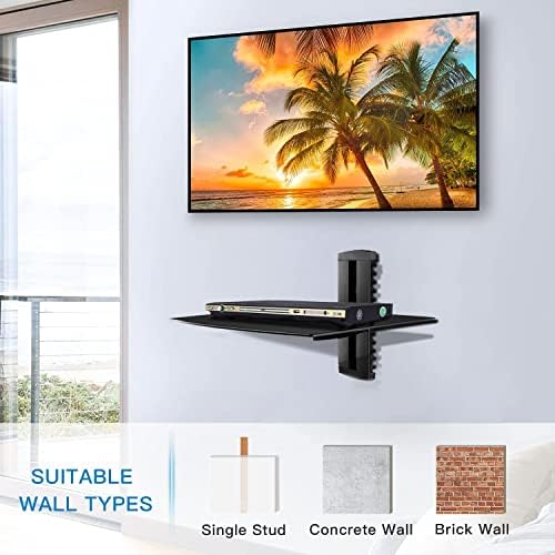 suptek Glass Floating Shelf, 1 Tier Media Shelf for TV Accessories, Flat Black Wall Mount Bracket, 17.6lbs Weight Capacity, Quick Installation, Cable Management, Custom Style, Backless