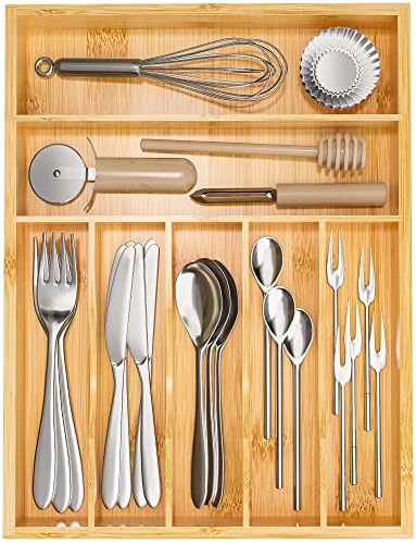 Flatware Organizer Silverware Drawer Organizer - 7 Slots Bamboo Cutlery Tray Multipurpose kitchen Drawer Organizer for Silverware, Utensils, Cutlery, Flatware, Knives W13”x L17” (Yellow)