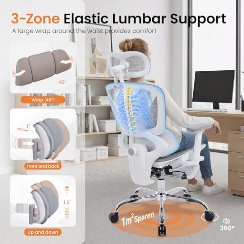 LuxErgo Big & Tall Ergonomic Mesh Office Chair 350lbs, High Back Reclining Gaming Desk Chair with 3D Headrest, Adjustable Armrests, Lumbar Support & Retractable Footrest, Gray