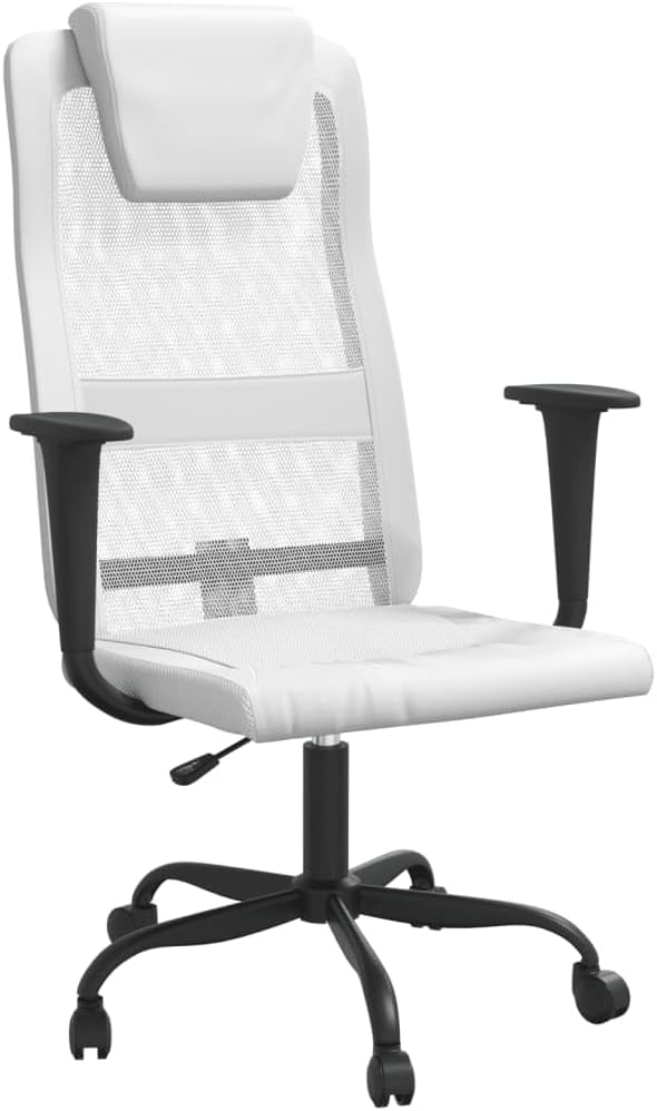 White Office Chair with Height Adjustment and 360-Degree Swivel, Breathable Mesh Back and Faux Leather Seat Cushion for Comfort, Ergonomic Support for Home Office or Living